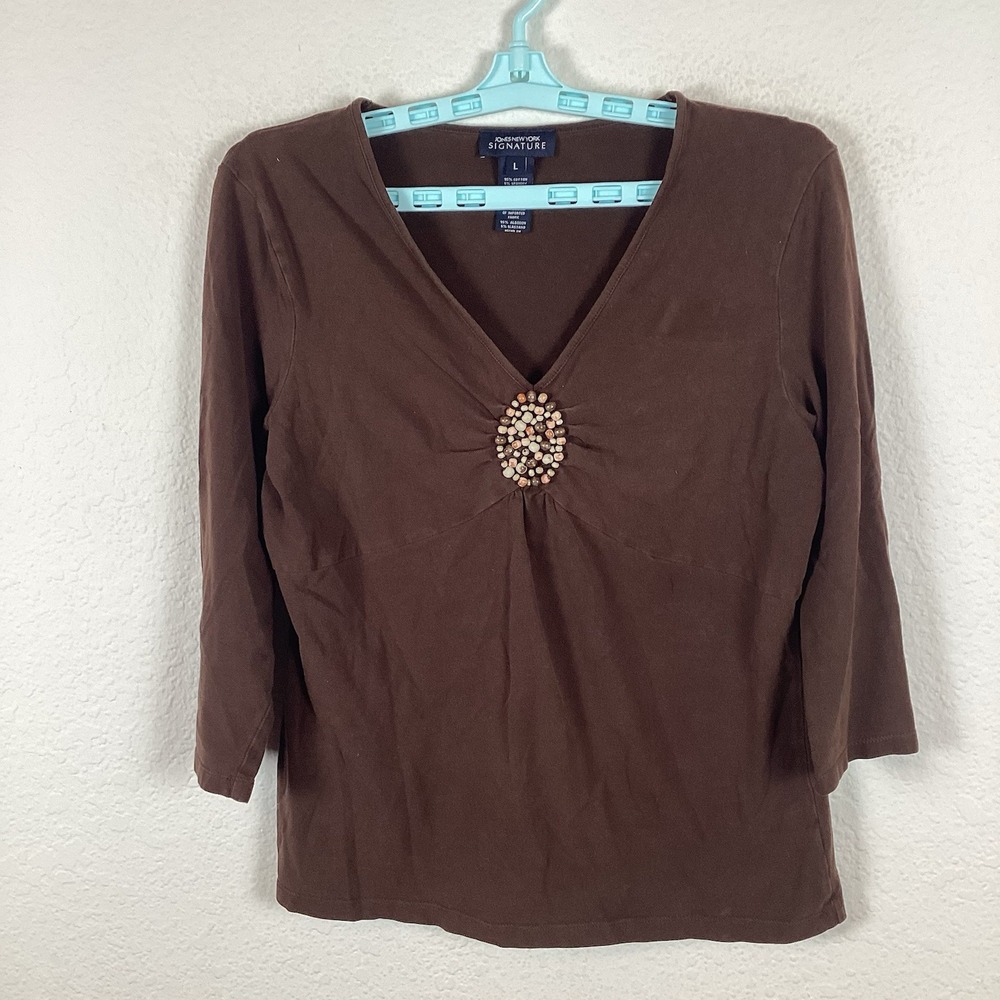 Jones New York Womens Shirt Top Sz L Large Long Sleeve Discoloration Good